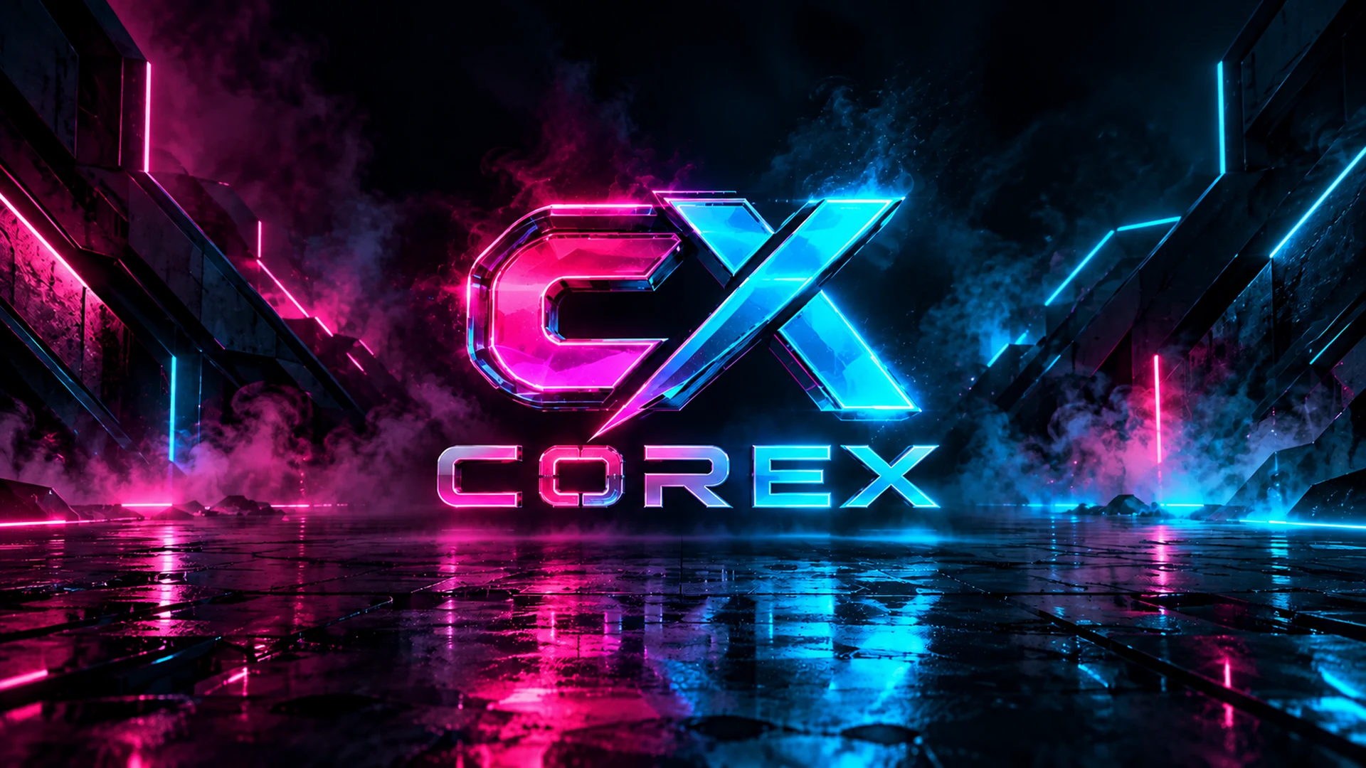 COREX pink and cyan neon cX logo in a futuristic dark setting